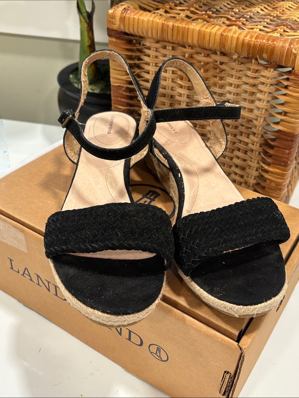 Lands' End Pippa Braided Suede Espadrille Wedge Sandals in Black